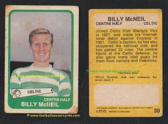 1968 A&BC Scottish yellow-back gum card of Billy McNeil, 7 years variety