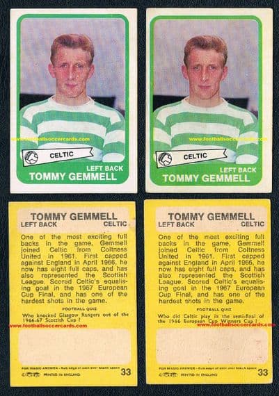 1968 A&BC Tommy Gemmell 33 Celtic 2 varieties backs differ, Miami Forest Dundee