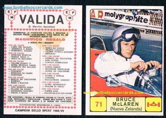 1968 LEGEND F1 driver & team owner Bruce McLaren NZ #71 Panini Campioni dello Sport