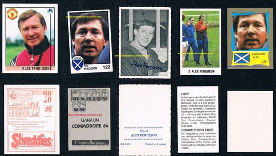 1969 -1996 Alex Ferguson cards Barna Melrose Shreddies & A&BC Gum cards etc 5 cards