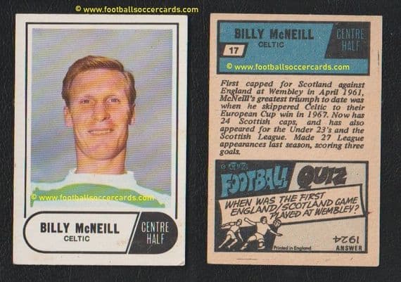 1969 A&BC Scottish blue-back gum card of Billy McNeil