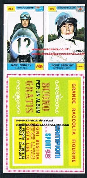 1969 F1 World Champ Jackie Stewart original unused Panini 2-card "buono " with Jack Findlay MotoGBp