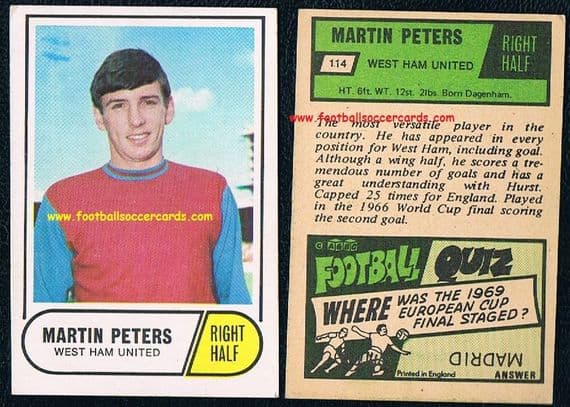 1969 Martin Peters Footballer green back card West Ham 114 by A&BC Gum