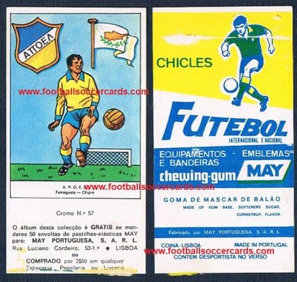 1969 May Gum APOEL NICOSIA CYPRUS Futebol Embelmas Bandeiras wrapper from Portugal RARE!
