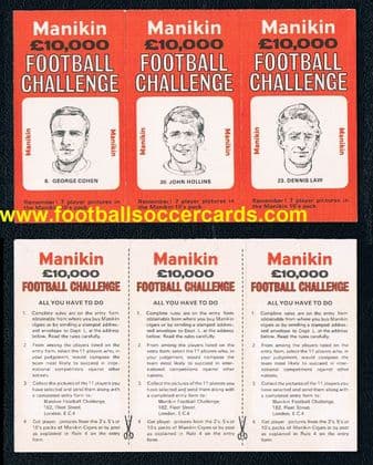 1969 UNCUT TRIO Denis Law George Cohen John Hollins MANIKIN CIGARS FOOTBALL CHALLENGE issued folded