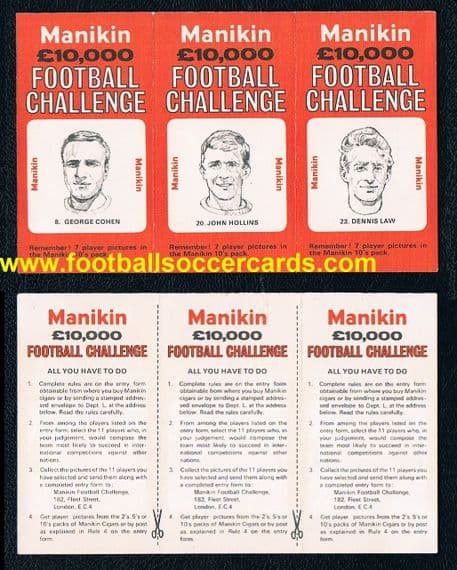 1969 UNCUT TRIO Denis Law George Cohen John Hollins MANIKIN CIGARS FOOTBALL CHALLENGE issued folded