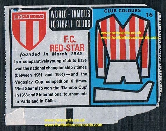 1970 Anglo Gum insert World Famous Clubs Црвена звезда Crvena Zvezda