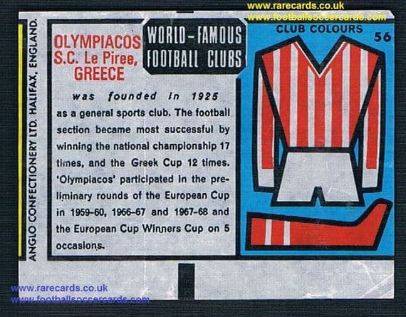 1970 Anglo Gum insert World Famous Football Clubs Ολυμπιακός Olympiacos