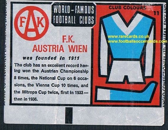 1970 Anglo Gum waxy paper insert World Famous Football Clubs F.K. Austria Wien