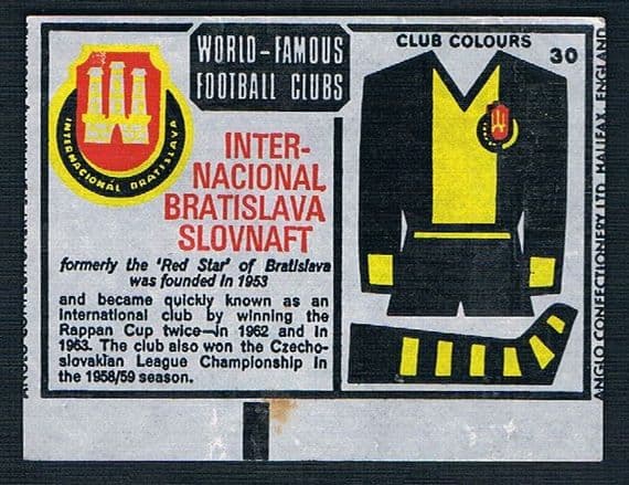 1970 Anglo Gum waxy paper insert World Famous Football Clubs FK Inter Bratislava