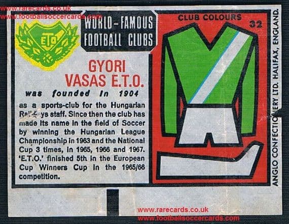 1970 Anglo Gum waxy paper insert World Famous Football Clubs Győri ETO Vasas