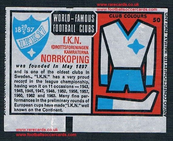 1970 Anglo Gum waxy paper insert World Famous Football Clubs IFK Norrkoping