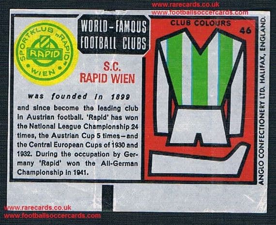 1970 Anglo Gum waxy paper insert World Famous Football Clubs Rapid Wien