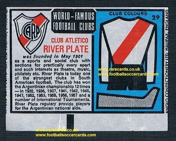 1970 Anglo Gum waxy paper insert World Famous Football Clubs River Plate CARP