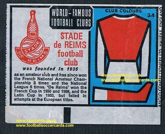 1970 Anglo Gum waxy paper insert World Famous Football Clubs Stade Reims SOLD