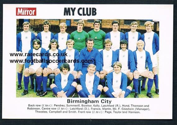 1970 My Club Daily Mirror postcard-size card Birmingham City