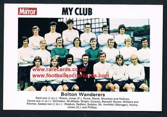 1970 My Club Daily Mirror postcard-size card Bolton Wanderers