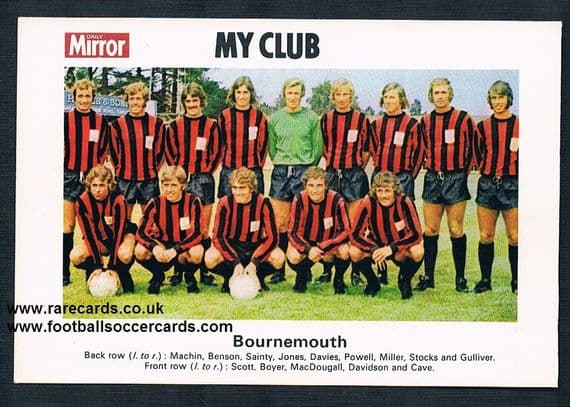 1970 My Club Daily Mirror postcard-size card Bournemouth