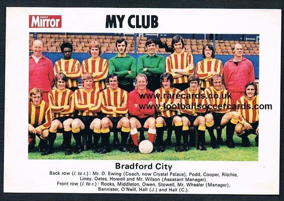1970 My Club Daily Mirror postcard-size card Bradford City