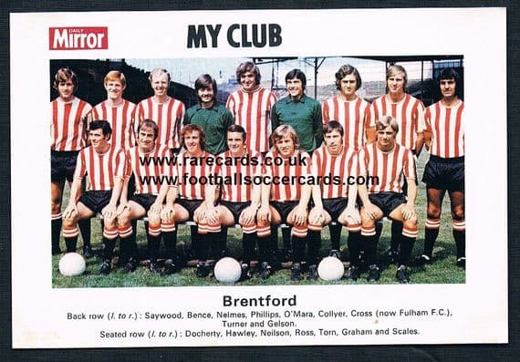 1970 My Club Daily Mirror postcard-size card Brentford