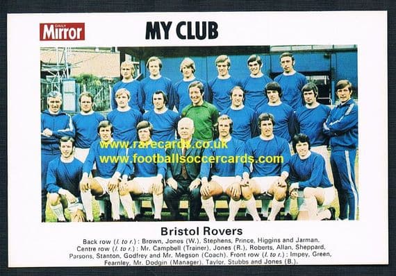 1970 My Club Daily Mirror postcard-size card Bristol Rovers