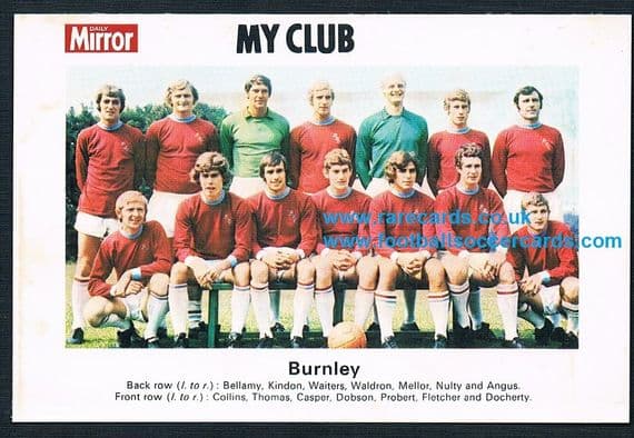 1970 My Club Daily Mirror postcard-size card Burnley