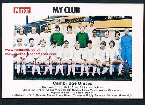 1970 My Club Daily Mirror postcard-size card Cambridge United