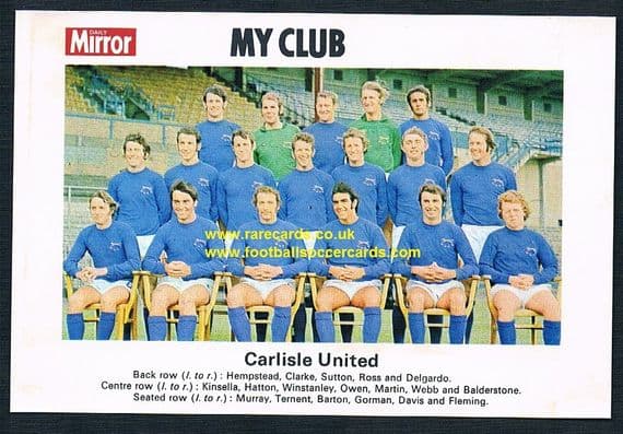 1970 My Club Daily Mirror postcard-size card Carlisle United