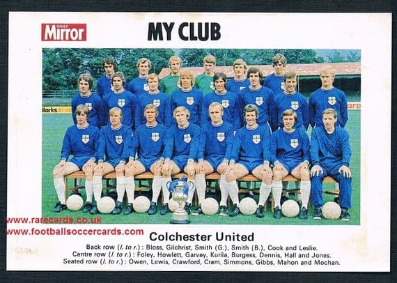 1970 My Club Daily Mirror postcard-size card Colchester United