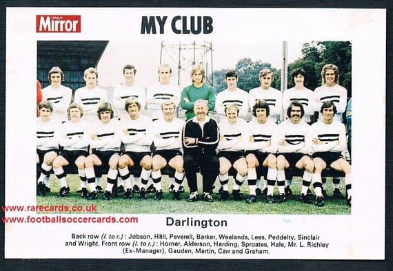 1970 My Club Daily Mirror postcard-size card Darlington