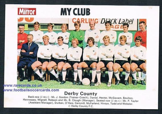 1970 My Club Daily Mirror postcard-size card Derby County