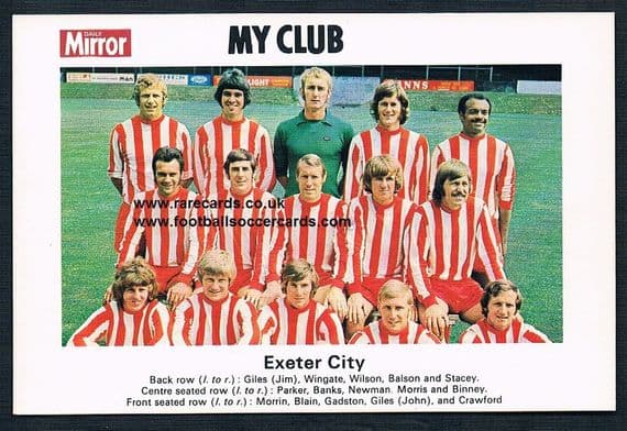 1970 My Club Daily Mirror postcard-size card Exeter City