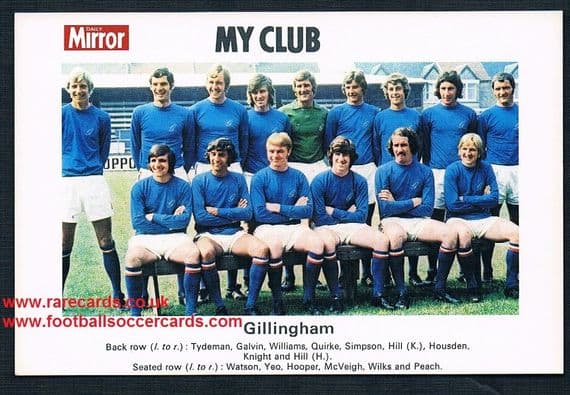 1970 My Club Daily Mirror postcard-size card Gillingham