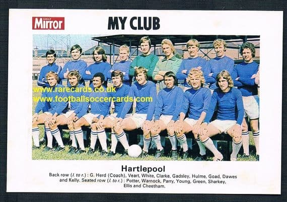 1970 My Club Daily Mirror postcard-size card Hartlepool
