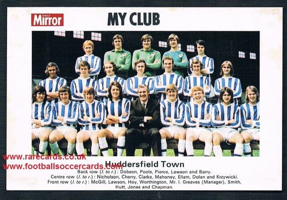 1970 My Club Daily Mirror postcard-size card Huddersfield