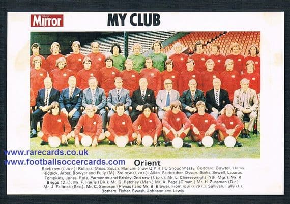 1970 My Club Daily Mirror postcard-size card Leyton Orient
