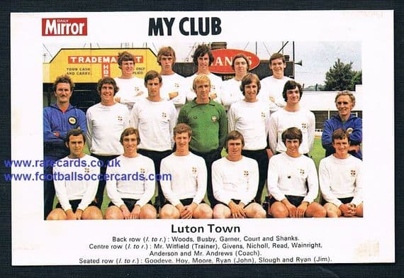 1970 My Club Daily Mirror postcard-size card Luton Town