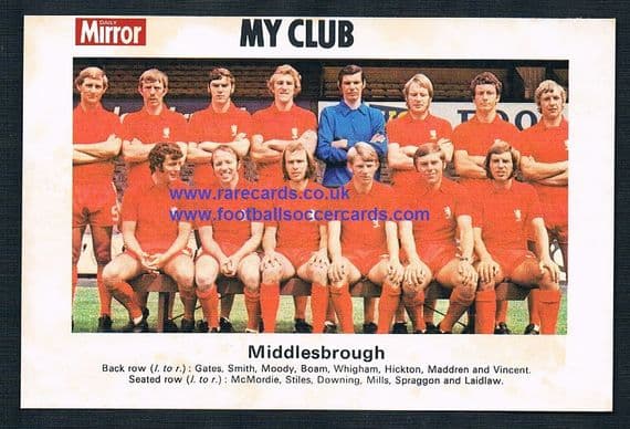 1970 My Club Daily Mirror postcard-size card Middlesbrough