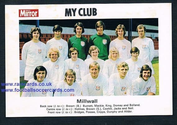 1970 My Club Daily Mirror postcard-size card Millwall
