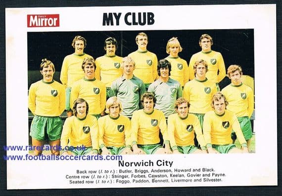 1970 My Club Daily Mirror postcard-size card Norwich City