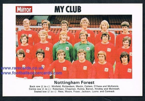 1970 My Club Daily Mirror postcard-size card Nottingham Forest