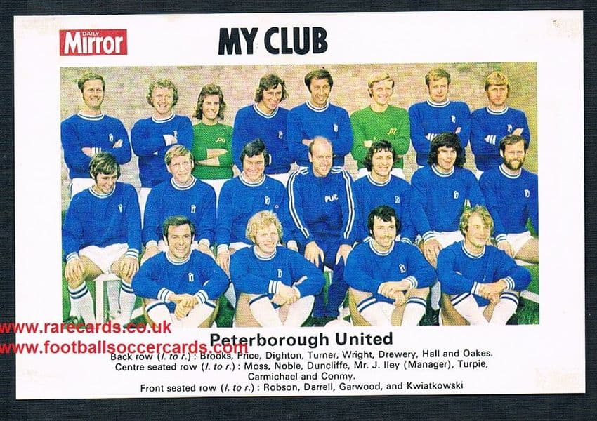 1970 My Club Daily Mirror postcard-size card Peterborough United