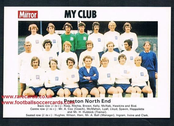1970 My Club Daily Mirror postcard-size card Preston North End