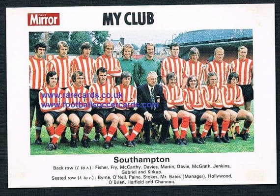 1970 My Club Daily Mirror postcard-size card Southampton
