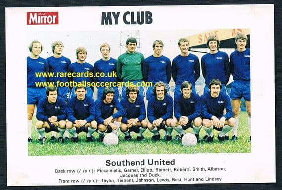1970 My Club Daily Mirror postcard-size card Southend United