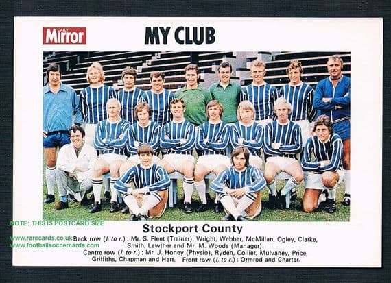 1970 My Club Daily Mirror postcard-size card Stockport County