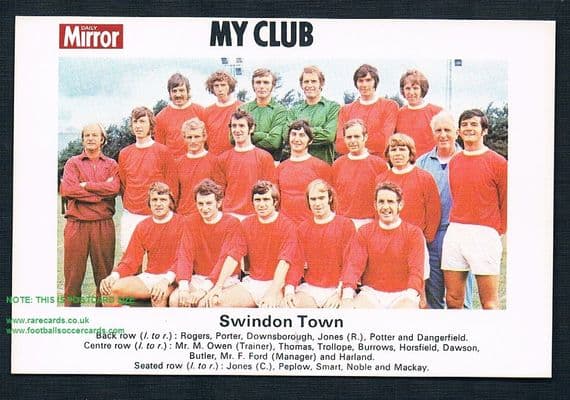 1970 My Club Daily Mirror postcard-size card Swindon Town