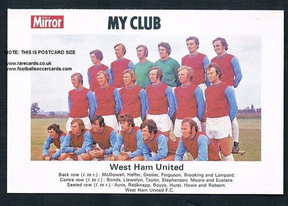 1970 My Club Daily Mirror postcard-size card West Ham United