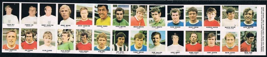 1970 Sun Soccer Calendar UNCUT strip 28 Shilton Charlton Moore Banks Ball Astle Stiles Hurst Peters