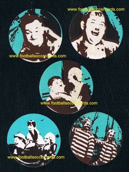 1971 Laurel & Hardy 5 circle stickers unused as new, by Monty Gum Dick Doof